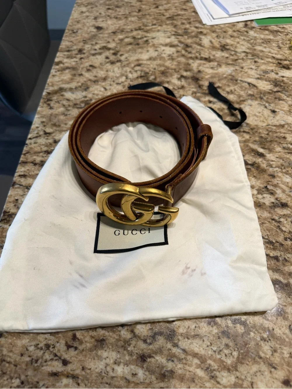 Gucci Brown Leather Belt with Gold Double G Buckle